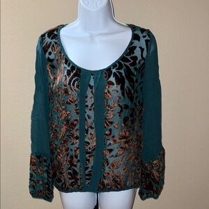 Lucky Brand Green Teal Brown Burnt Out Velvet Floral Sheer Blouse Women’s Size S
